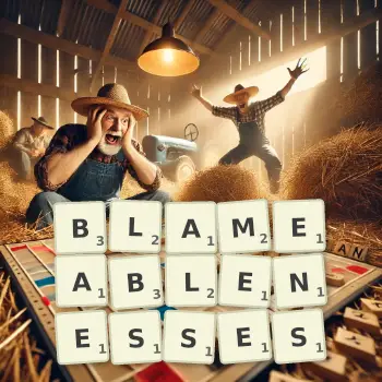 Creative illustration for a Scrabble game with the word BLAMEABLENESSES spelled out in tiles on the board.