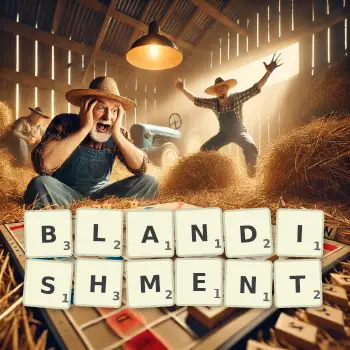 Creative illustration for a Scrabble game with the word BLANDISHMENT spelled out in tiles on the board.