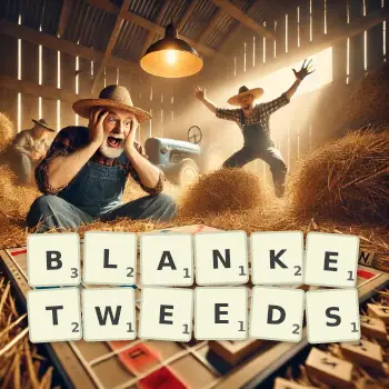 Creative illustration for a Scrabble game with the word BLANKETWEEDS spelled out in tiles on the board.