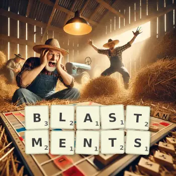 Creative illustration for a Scrabble game with the word BLASTMENTS spelled out in tiles on the board.