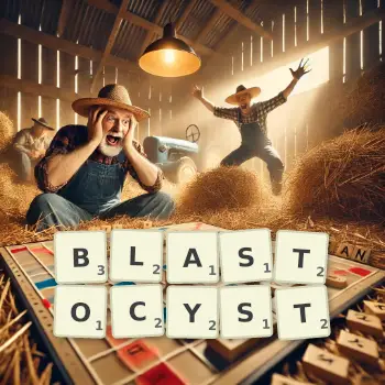 Creative illustration for a Scrabble game with the word BLASTOCYST spelled out in tiles on the board.