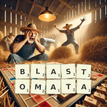 Creative illustration for a Scrabble game with the word BLASTOMATA spelled out in tiles on the board.