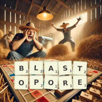 Creative illustration for a Scrabble game with the word BLASTOPORE spelled out in tiles on the board.