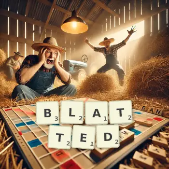 Creative illustration for a Scrabble game with the word BLATTED spelled out in tiles on the board.