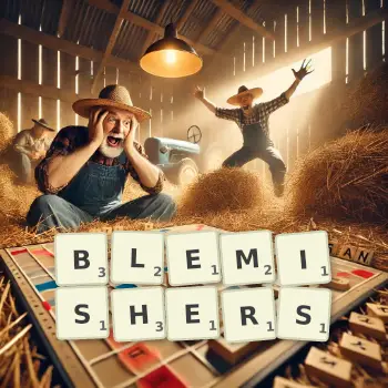 Creative illustration for a Scrabble game with the word BLEMISHERS spelled out in tiles on the board.