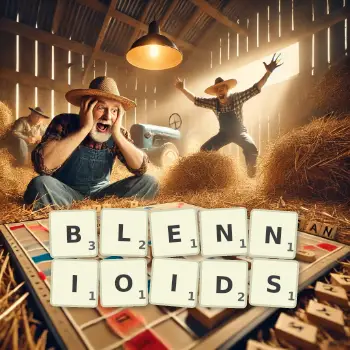 Creative illustration for a Scrabble game with the word BLENNIOIDS spelled out in tiles on the board.