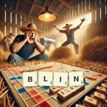 Creative illustration for a Scrabble game with the word BLIN spelled out in tiles on the board.