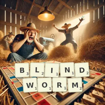 Creative illustration for a Scrabble game with the word BLINDWORM spelled out in tiles on the board.
