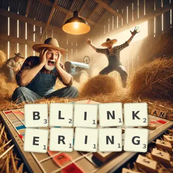 Creative illustration for a Scrabble game with the word BLINKERING spelled out in tiles on the board.
