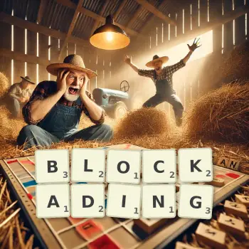 Creative illustration for a Scrabble game with the word BLOCKADING spelled out in tiles on the board.