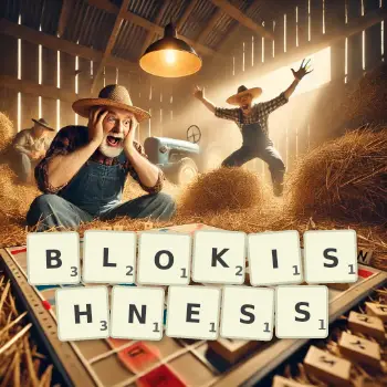 Creative illustration for a Scrabble game with the word BLOKISHNESS spelled out in tiles on the board.