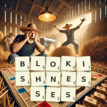 Creative illustration for a Scrabble game with the word BLOKISHNESSES spelled out in tiles on the board.