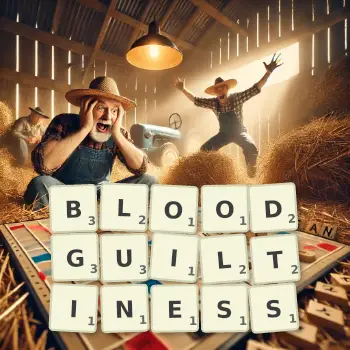 Creative illustration for a Scrabble game with the word BLOODGUILTINESS spelled out in tiles on the board.