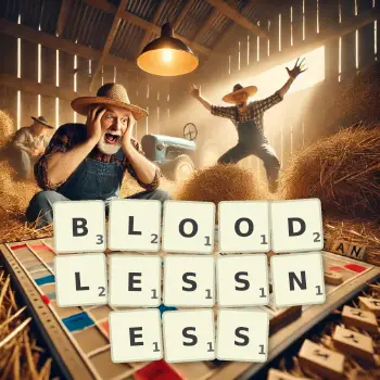 Creative illustration for a Scrabble game with the word BLOODLESSNESS spelled out in tiles on the board.