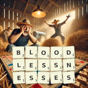 Creative illustration for a Scrabble game with the word BLOODLESSNESSES spelled out in tiles on the board.