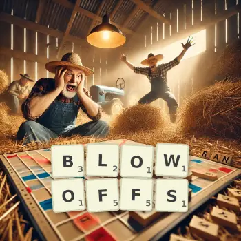 Creative illustration for a Scrabble game with the word BLOWOFFS spelled out in tiles on the board.