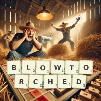 Creative illustration for a Scrabble game with the word BLOWTORCHED spelled out in tiles on the board.