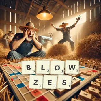 Creative illustration for a Scrabble game with the word BLOWZES spelled out in tiles on the board.