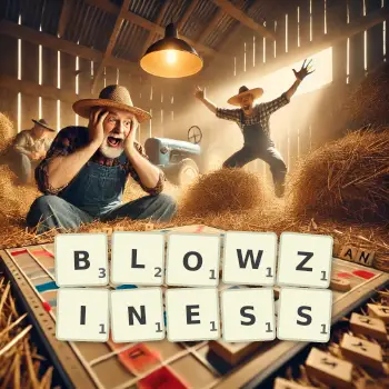 Creative illustration for a Scrabble game with the word BLOWZINESS spelled out in tiles on the board.