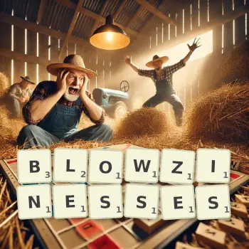 Creative illustration for a Scrabble game with the word BLOWZINESSES spelled out in tiles on the board.