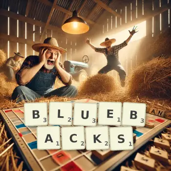 Creative illustration for a Scrabble game with the word BLUEBACKS spelled out in tiles on the board.