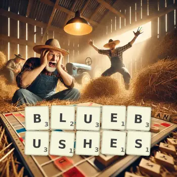 Creative illustration for a Scrabble game with the word BLUEBUSHES spelled out in tiles on the board.