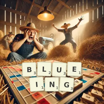 Creative illustration for a Scrabble game with the word BLUEING spelled out in tiles on the board.