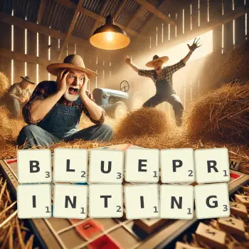 Creative illustration for a Scrabble game with the word BLUEPRINTING spelled out in tiles on the board.