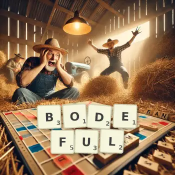 Creative illustration for a Scrabble game with the word BODEFUL spelled out in tiles on the board.