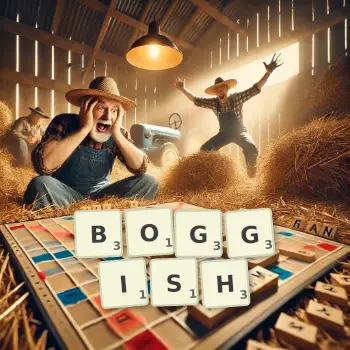 Creative illustration for a Scrabble game with the word BOGGISH spelled out in tiles on the board.