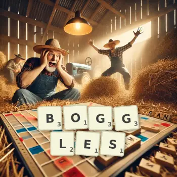 Creative illustration for a Scrabble game with the word BOGGLES spelled out in tiles on the board.