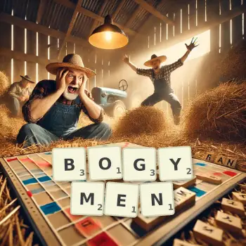 Creative illustration for a Scrabble game with the word BOGYMEN spelled out in tiles on the board.