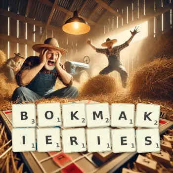 Creative illustration for a Scrabble game with the word BOKMAKIERIES spelled out in tiles on the board.