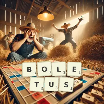Creative illustration for a Scrabble game with the word BOLETUS spelled out in tiles on the board.