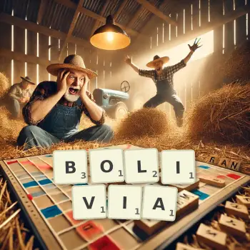 Creative illustration for a Scrabble game with the word BOLIVIA spelled out in tiles on the board.