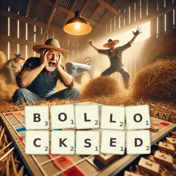 Creative illustration for a Scrabble game with the word BOLLOCKSED spelled out in tiles on the board.