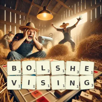 Creative illustration for a Scrabble game with the word BOLSHEVISING spelled out in tiles on the board.