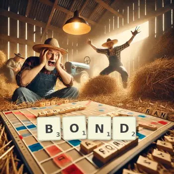 Creative illustration for a Scrabble game with the word BOND spelled out in tiles on the board.