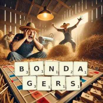 Creative illustration for a Scrabble game with the word BONDAGERS spelled out in tiles on the board.