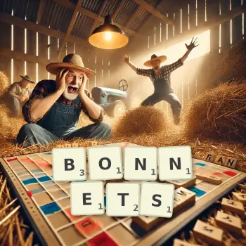 Creative illustration for a Scrabble game with the word BONNETS spelled out in tiles on the board.