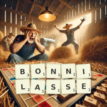 Creative illustration for a Scrabble game with the word BONNILASSE spelled out in tiles on the board.