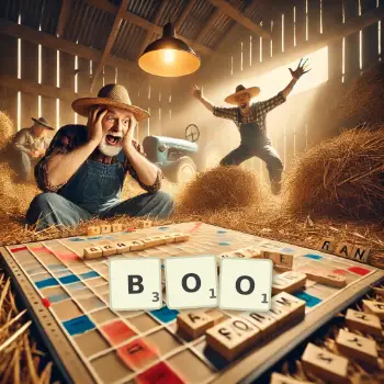 Creative illustration for a Scrabble game with the word BOO spelled out in tiles on the board.