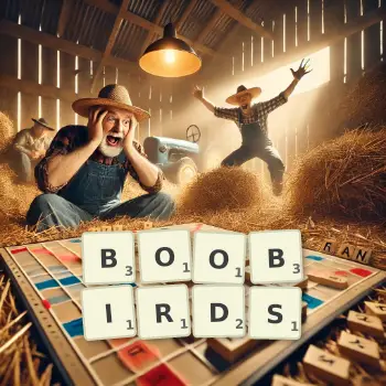 Creative illustration for a Scrabble game with the word BOOBIRDS spelled out in tiles on the board.