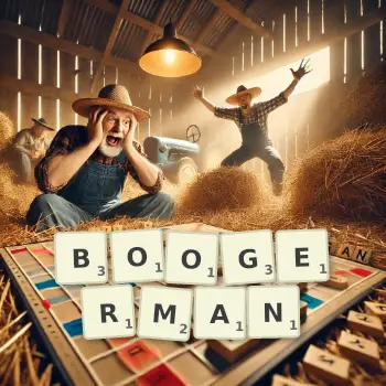 Creative illustration for a Scrabble game with the word BOOGERMAN spelled out in tiles on the board.