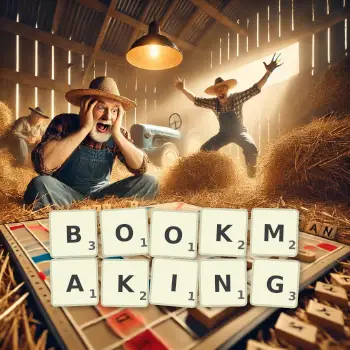 Creative illustration for a Scrabble game with the word BOOKMAKING spelled out in tiles on the board.