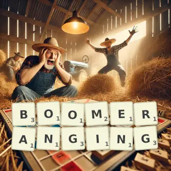 Creative illustration for a Scrabble game with the word BOOMERANGING spelled out in tiles on the board.