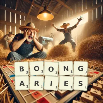 Creative illustration for a Scrabble game with the word BOONGARIES spelled out in tiles on the board.