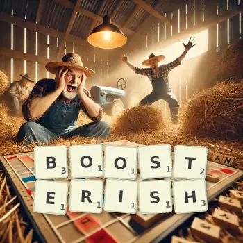 Creative illustration for a Scrabble game with the word BOOSTERISH spelled out in tiles on the board.