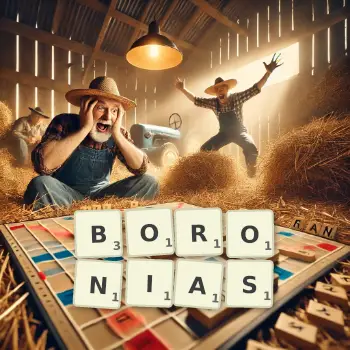 Creative illustration for a Scrabble game with the word BORONIAS spelled out in tiles on the board.