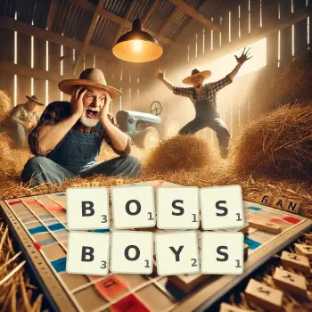 Creative illustration for a Scrabble game with the word BOSSBOYS spelled out in tiles on the board.